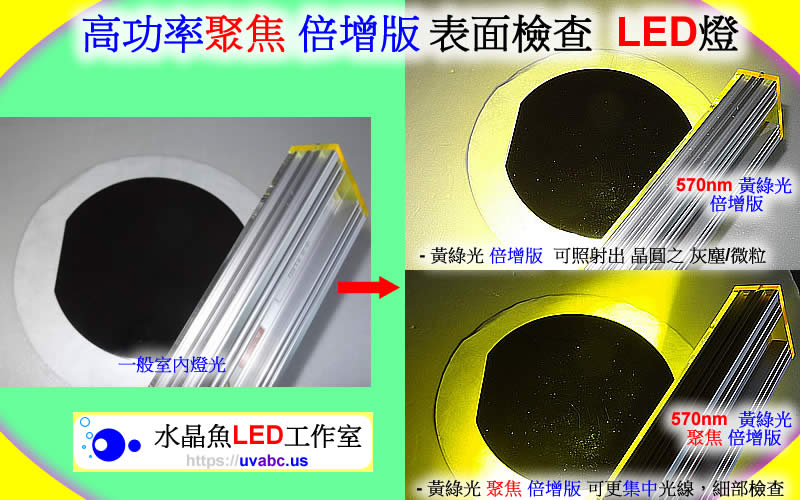 高功率 聚焦 倍增版 表面檢查LED燈 晶圓表面檢查燈 uv free表面檢查燈 綠光檢查燈 目視檢查用光源 玻璃表面檢查燈 光學檢測 自動光學檢查 機器視覺 - 檢驗或檢查 無塵室器具 拋光表面 鏡面 玻璃面 之刮痕/汙點/灰塵/微粒 或 粒子 particle -【水晶魚LED工作室】