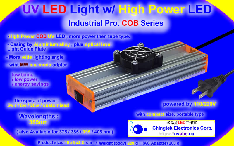 UV LED light Handheld module/lamp - Industrial Pro. COB Series  (UVA 365/375/385/395/405nm) For Industrial Diagnostic & Inspection / UV curing system / 3D printing / Fluorescence check / adhesive curing - Chingtek.net